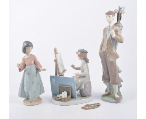 Lladro figure, golfer B-23 39cm, and three other Lladro models, one damaged.