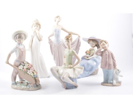 Lladro figure, boy with a flower barrow, 25cm, 1283, a girl with a bouquet, 5862, girl dancer, 5050, seated ballerina, E-20N,