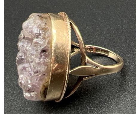 A vintage 9ct gold and amethyst druzy statement ring. Fully hallmarked inside band with makers initials. Amethyst druzy appro