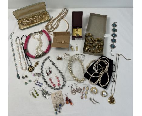 A box of modern and vintage costume jewellery. To include faux pearl necklaces, Nathalie Andersen gold tone pendant necklace,