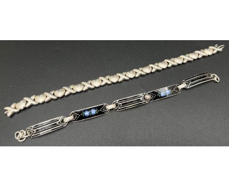 2 vintage silver bracelets, both need clasps. A 7" hearts &amp; kisses link bracelet, stamped 925 to reverse, together with a