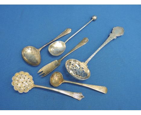 Six pieces of HM silver flatware including cased infant spoon, a Victorian sugar sifting spoon, another similar, salt spoon, 