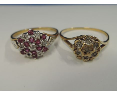 A ladies dress ring having a diamond chip and ruby cluster on a 9ct gold loop (AF) and another dress ring having a diamond ch