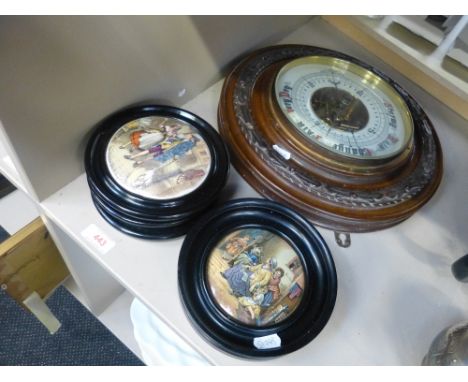 Three Prattware pot lids and an aneroid barometer of large circular form