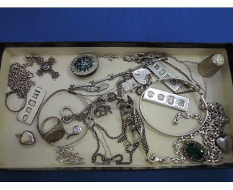 A selection of white metal and HM silver jewellery including ingot, brooches, necklaces, bangle etc