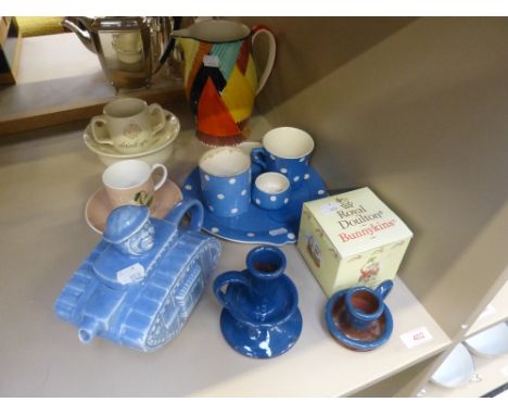 A selection of ceramics including Sadler Barnsfather tank teapot, Wetheriggs candle stands, Cornish ware, Susie Cooper coffee