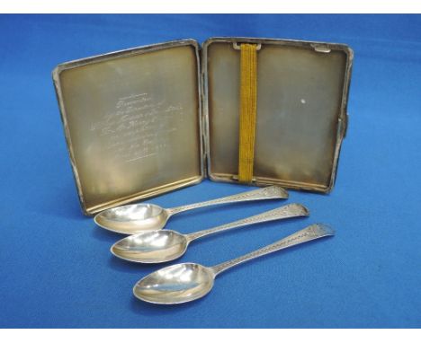 A silver cigarette case having engine turned decoration and inscription to inside, Birmingham 1951, Smith & Bartlam, and thre