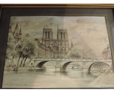 A pen and ink sketch, Le Pont Saint Michel Paris, indistinctly signed