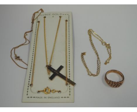 A 9ct gold cross of plain form on a 9ct gold chain, a 9ct gold chain, a yellow metal chain stamped 15ct and a 9ct rose gold p