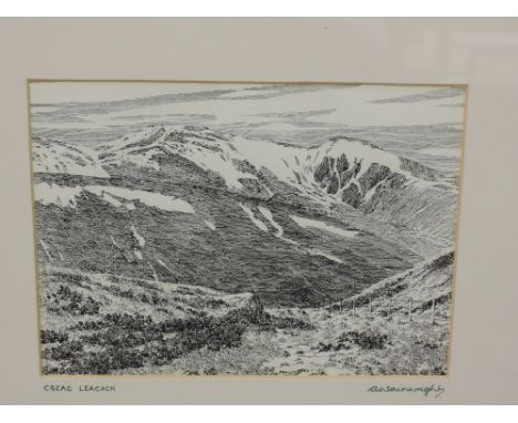A pen and ink sketch, Alfred Wainwright, Creag Leacach, signed