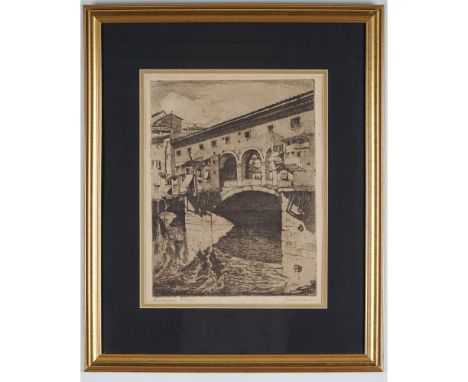 An original etching by Italian artist Guido Colucci (1877–1949), depicting the historic Ponte Vecchio in Florence, Italy. Kno