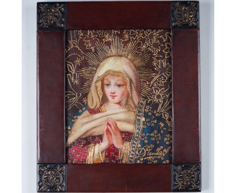 A beautifully hand-painted religious icon titled "Virgen de Belen", signed by Mendoza. This artwork features an exquisitely d