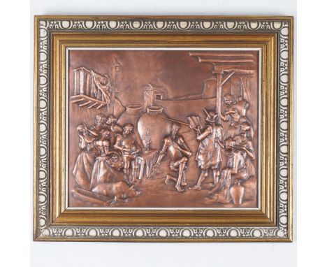 A finely detailed copper relief wall plaque depicting a dramatic scene from Don Quixote, the legendary Spanish literary figur