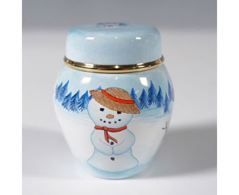 A Moorcroft enamel ginger pot designed by Elizabeth Todd. This miniature piece features a wintry scene of multiple snowmen dr