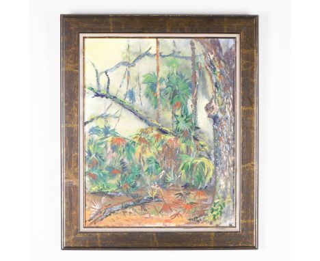 Original oil painting on canvas by Devane, dated 2005, depicting a lush forest landscape with rich, vibrant greens and earthy