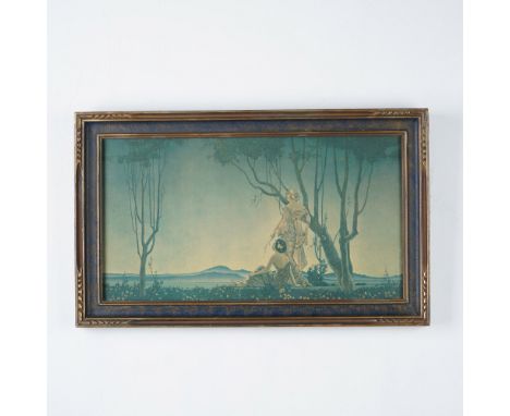 A captivating framed art print by Hernando Villa, depicting a serene sunset field scene with two women in flowing classical a