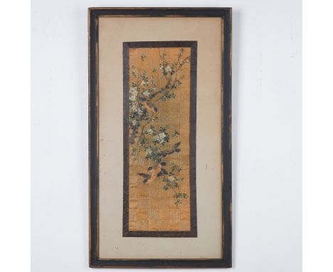 This Japanese embroidery silk panel showcases an intricate hand-stitched depiction of birds in flight among delicate white bl