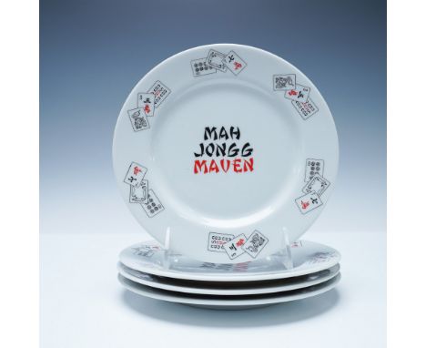 A set of four vintage porcelain plates by House of Prill, featuring a Mah Jongg Maven design. Each plate is decorated with a 