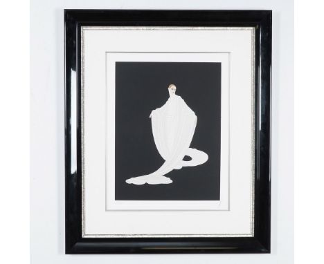 This elegant Erte serigraph titled Winter Silks showcases the renowned Art Deco artist's signature style, featuring a regal w