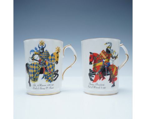 A pair of Royal Windsor fine bone china mugs, each featuring detailed depictions of medieval knights in full armor on horseba