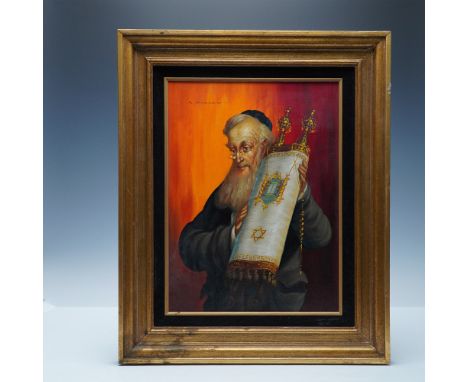 This original oil on canvas by Abraham Straski presents a reverent depiction of a rabbi carrying a Torah scroll, executed in 