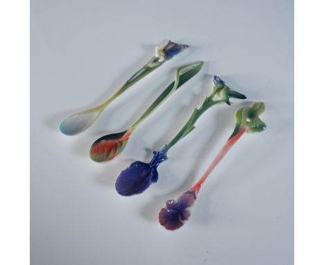 A set of 4 Franz porcelain dessert spoons, each inspired by nature with intricate sculptural details and vibrant hand-painted