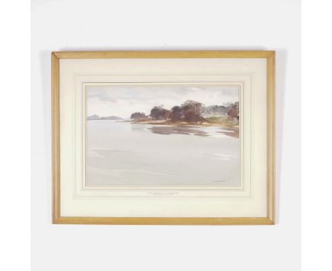 A finely executed watercolor on paper by Sir William Russell Flint, titled Tide Flowing In, Chichester Channel. This serene c