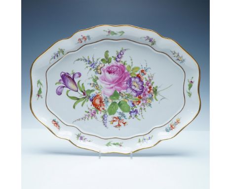 Stunning Meissen porcelain platter featuring an elaborate hand-painted floral motif with vibrant hues of pink, purple, orange