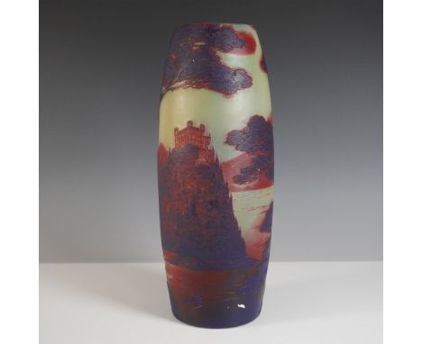 A finely crafted French cameo glass vase in the style of De Vez. The vase features a tall, cylindrical form with a gently tap
