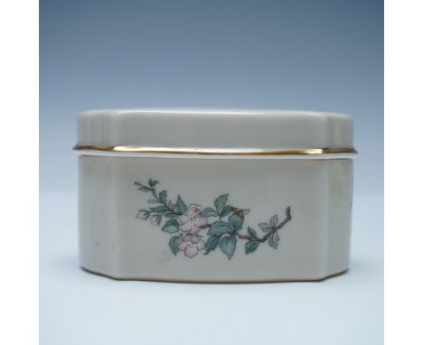 A charming Lenox Serenade lidded porcelain box, featuring an elegant floral and bird motif accented with hand-applied 24K gol