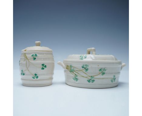 A charming pair of Belleek Parian porcelain pieces, including a barrel-shaped honey pot with lid and a lidded tureen. Both pi