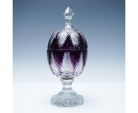 Exquisite Bohemian cut-to-clear amethyst crystal covered pedestal compote, featuring intricate fern-like cuts that elegantly 