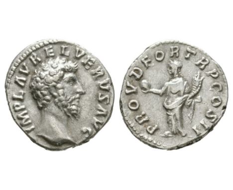 161 AD. Rome mint. Obv: IMP L AVREL VERVS AVG legend with bare head right. Rev: PROV DEOR TR P COS II legend with Providentia