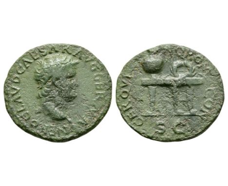 65 AD. Lyons mint. Obv: NERO CLAVD CAESAR AVG GERMA legend with bare head right, with globe at point of bust. Rev: CER QVINC 