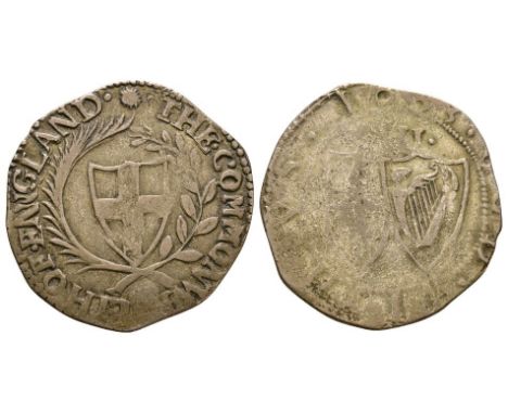 Dated 1653 AD. Obv: English arms within wreath with THE COMMONWEALTH OF ENGLAND legend and 'sun' mintmark. Rev: co-joined arm