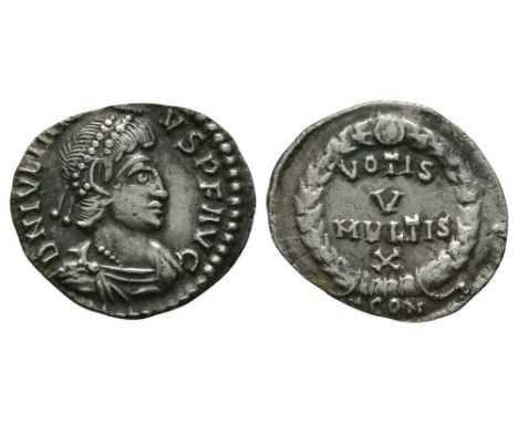355-360 AD. Arles mint. Obv: DN IVLIAN-VS PF AVG legend with pearl-diademed, draped, cuirassed bust right. Rev: VOTIS V MVLTI