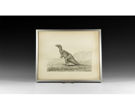 Dated 1931.   An ink sketch of an Iguanadon advancing across a grassy terrain, with pencilled marginal note, in a glazed meta