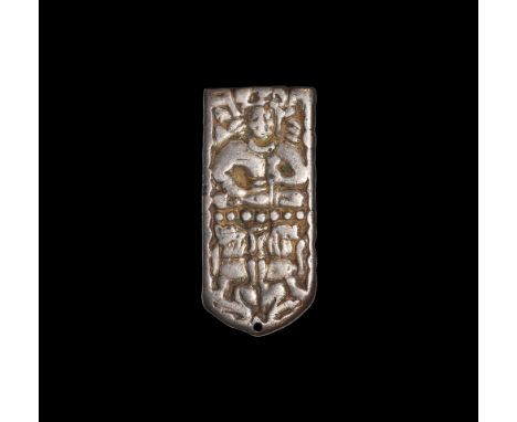 10th-11th century AD.A silver rectangular mount with an image of a seated figure holding a staff wearing a massive necklace, 