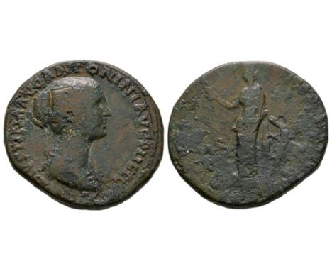 145-146 AD. Rome mint. Obv: FAVSTINA AVG ANTONINI AVG PII FIL legend with draped bust right, hair in a bun behind her head. R