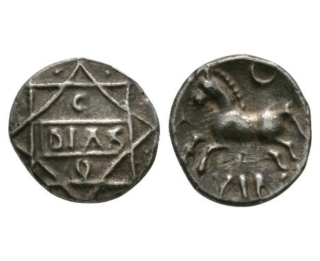 1-10 AD. Obv: two interlaced squares with DIAS in central tablet with C above and O below. Rev: horse left with crescent abov