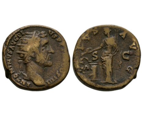 145-161 AD. Rome mint. Obv: ANTONINVS AVG PIVS PP TR P COS III legend with radiate head right. Rev: SALVS AVG legend around w