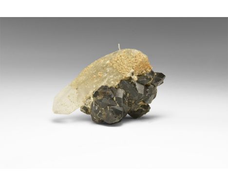 A group of well-formed cassiterite crystals on matrix with quartz; in white card tray with adhesive tape label reading: '3620