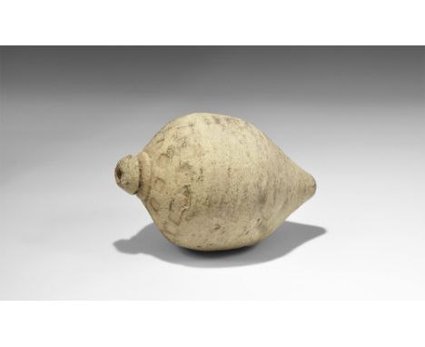 9th-11th century AD.A hollow ceramic vessel with domed top and conical base intended to be filled with explosive liquid and a