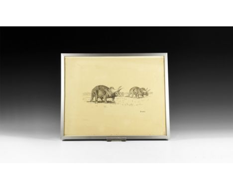 Dated 1930.An ink sketch of two Triceratops advancing across a grassy terrain, with pencilled notations, in a glazed metal fr