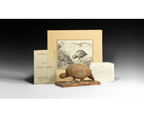 Circa 1930. A master model in surface-treated plaster of a Glyptodon on a rectangular base, with recess to one long edge, two