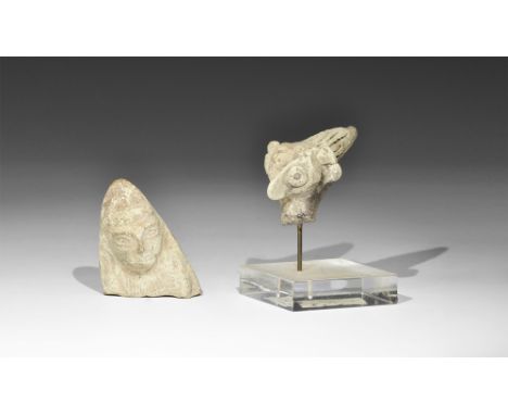 Late 1st millennium BC.A mixed group of ceramic heads comprising: one of Ishtar in conical cap with large lentoid eyes; one w