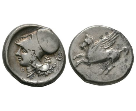 320-280 BC. Obv: Pegasos flying left; theta below. Rev: helmeted head of Athena left; earring with pendants behind head; thet