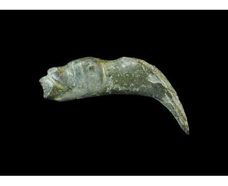 12th-14th century AD.A bronze spout formed as a dog's head with triangular ears and angular muzzle, pipe issuing from the mou