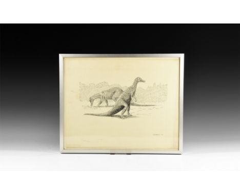 Dated 1931.An ink sketch of two Trachodons in a grassy terrain, in a glazed metal frame.  745 grams, frame: 31 x 25.5cm (12 1