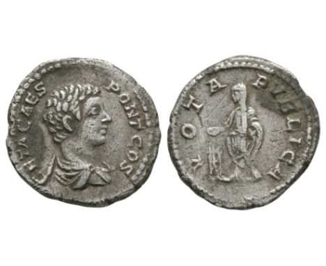 205 AD. Rome mint. Obv: GETA CAES PONT COS legend with draped bust right. Rev: VOTA PVBLICA legend with Geta standing left, s